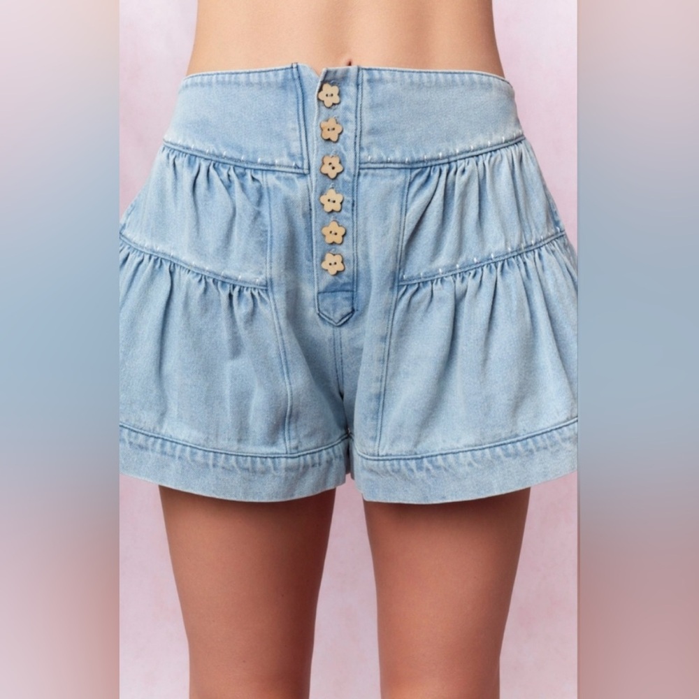 Peach Love California High Rise Tiered Light Blue Denim Shorts